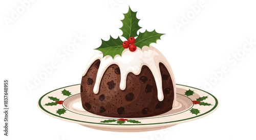 Festive Christmas Pudding with Holly and Icing on a Plate.