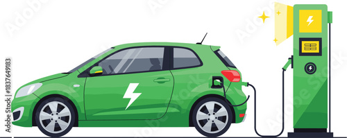 Green electric car charging at station illustration with eco friendly transportation concept and modern sustainable mobility vector