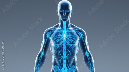 Anatomical Visualization: An ethereal illustration of a human figure, rendered in a luminous blue hue, showcases the intricate network of veins and arteries beneath the skin.