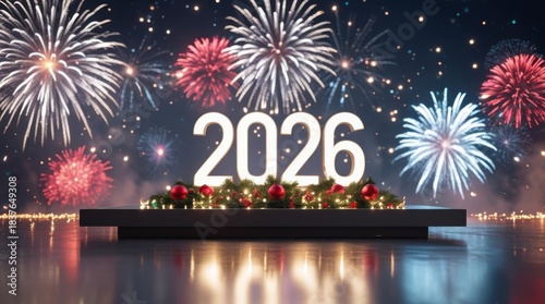 New Year 2026: Fireworks light up the night sky, illuminating the bold numerals of 2026, celebrating the fresh start and opportunities of the year ahead. A symbol of excitement, hope.