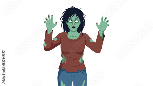 Pixel Art Zombie Woman in Tattered Clothes and Jeans with Raised Hands Against Black Background Spooky Halloween Illustration