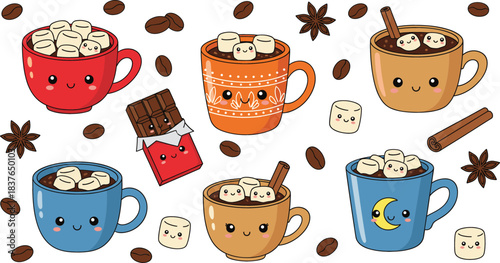 Cute Coffee Mug Vector Set Featuring Smiling Cups, Marshmallows, Chocolate, Cinnamon, and Cozy Winter Drink Illustrations