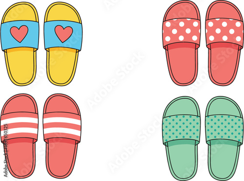 Cute Colorful Slippers Vector Set Featuring Patterned Slide Sandals with Hearts and Polka Dots in Flat Style