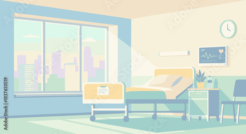 “Flat vector of a bright hospital room interior with large window, bedside table, clean monitor screen, pastel tones, simple shapes.”