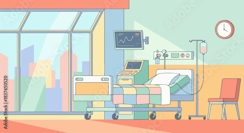 “Flat vector illustration of a modern hospital room with a patient bed, monitor, IV stand, warm pastel palette, clean geometric shapes, minimal medical equipment.”