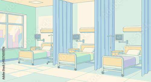“Hospital ward interior with multiple patient beds, curtains, simple monitors, flat pastel tones, clean geometric forms.”