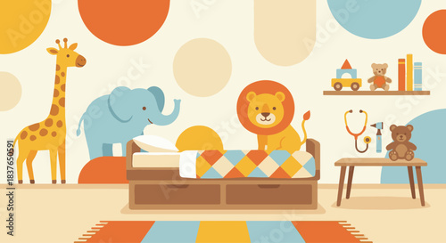 “Flat vector of a pediatric clinic room with colorful wall elements, exam bed, simple medical tools, friendly warm tones.”