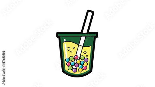 Colorful Boba Tea Drink with Tapioca Pearls and Straw.