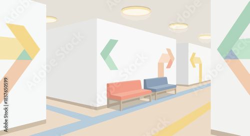 “Flat-style hospital hallway with clean white walls, directional signage shapes (no text), benches, warm pastel palette.”