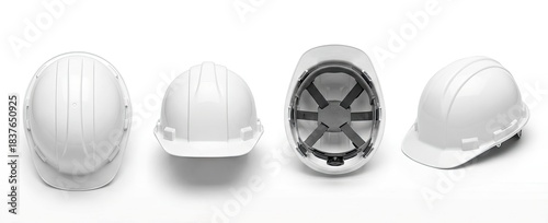 Collection of white safety hard hats from different angles, essential protective gear for construction and industrial work