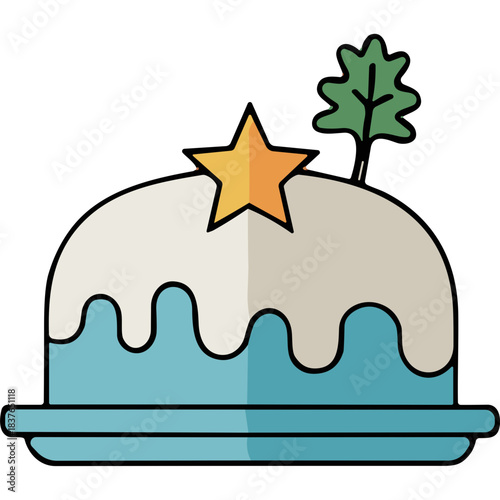 Stylized Blue Festive Cake Topped With a Golden Star and Green Leaf Decoration on a Plate with White Icing Drizzle