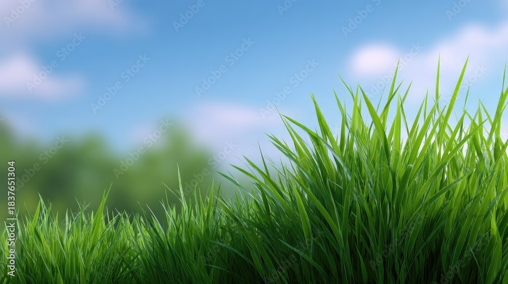 Fototapeta premium Lush Green Grass Against a Vibrant Blue Sky with Soft White Clouds in the Background Creating a Serene Natural Landscape