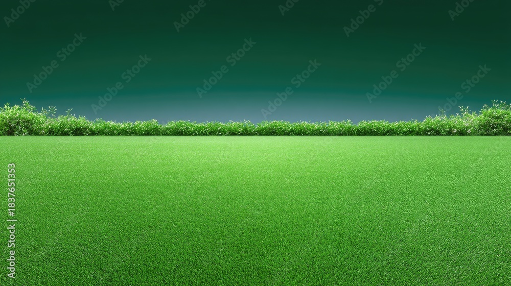Obraz premium Lush Green Grass Field Under Bright Blue Sky with Vibrant Green Shrubbery on Horizon for Nature Themes and Outdoor Activities