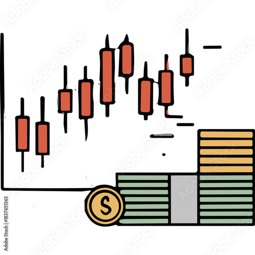 Stock Market Candlestick Chart Graphic With Money Stacks and Coin Illustrating Financial Growth And Investment Opportunities