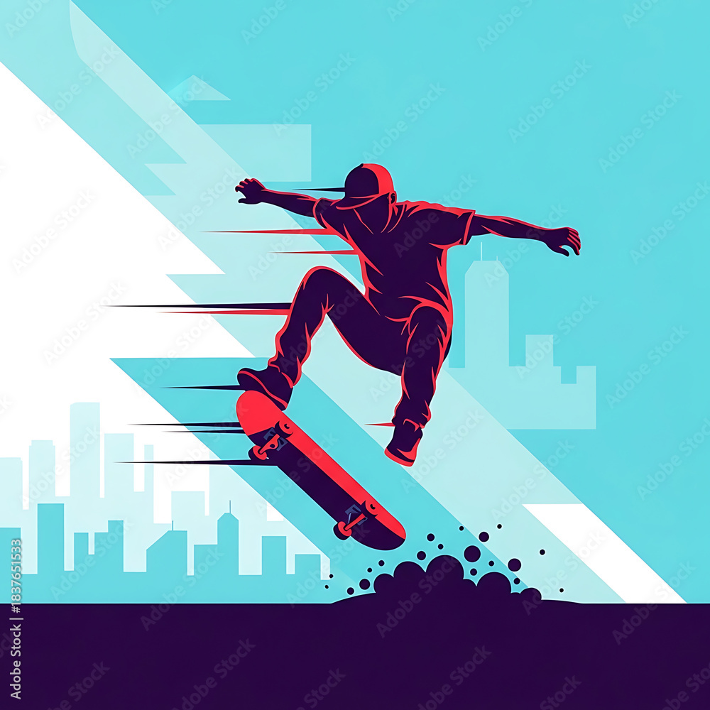 Obraz premium Dynamic illustration of a skateboarder performing a trick against a stylized urban backdrop, capturing the energy of extreme sports