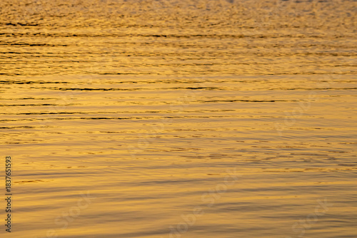 Close up of the golden ripples on the surface of water at sunset