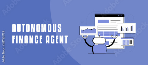 Finance ai agent manages autonomous budgeting with smart analytics tools. Autonomous finance agent data analysis insight, decision-making processes. Modern banner header design, vector illustration