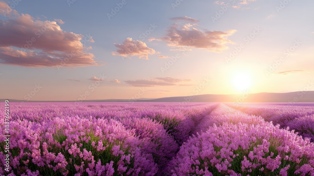 Obraz premium Serene Lavender Field Under a Vibrant Sunset Sky with Fluffy Clouds and Gentle Hills in the Background