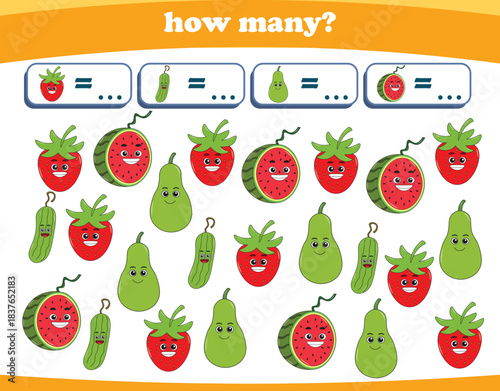 Counting game of fruits for preschool kids. Printable. Vector Illustration