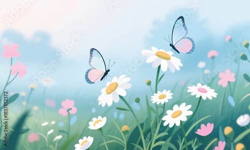 The Beauty of Butterflies in Blooming Flowers Illustrator Artwork Banner Background Design Template 