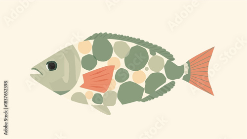 A stylized fish illustration composed of rounded green, beige, and orange shapes, depicting a unique artistic interpretation of aquatic life.