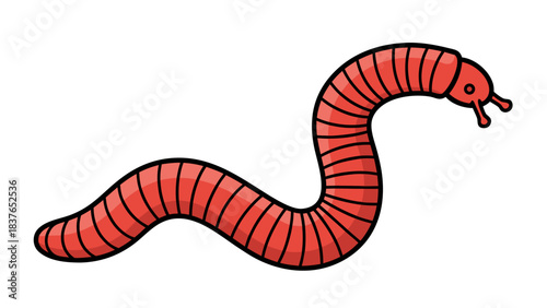 Pixelated illustration of a segmented red earthworm with black lines and small antennae on a black background detailed vector art