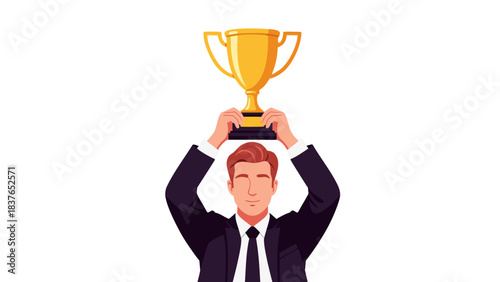 Pixelated Man in Suit Holding Up a Golden Trophy Against a Black Background Celebrating Victory and Achievement