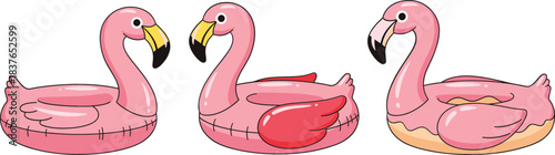 Cute inflatable flamingo pool float illustration set with pink summer swimming ring designs isolated on white background