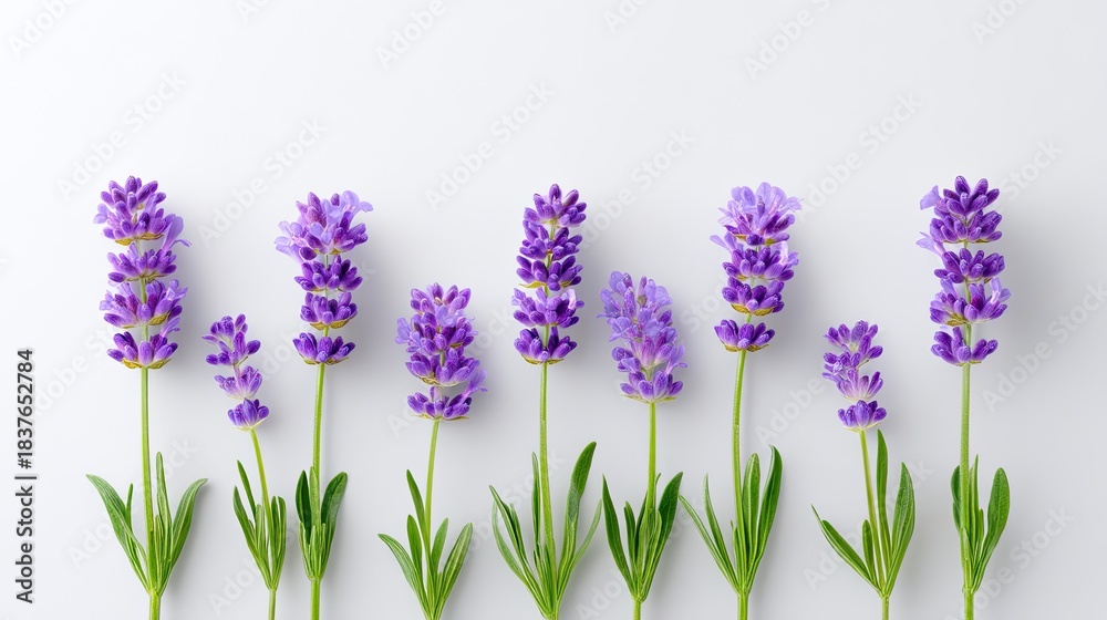 Obraz premium Beautiful Arrangement of Fresh Lavender Stems on White Background Showcasing Delicate Purple Blooms and Green Leaves for Natural Aesthetic