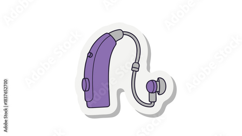 Purple Behind The Ear Hearing Aid With Earpiece and Cord Isolated On White Background Medical Device Technology For Hearing Loss Assistance
