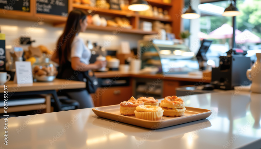 Fototapeta premium Bakery Display with Fresh Cupcakes and Friendly Staff