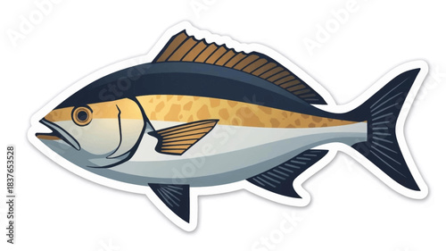 A detailed illustration of a fish with a dark blue back, golden stripe, and light belly, depicted in a graphic style.