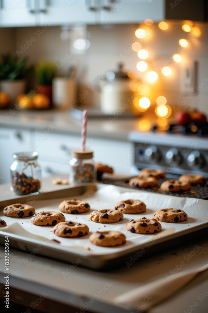 Naklejka premium Cozy Kitchen with Freshly Baked Cookies and Festive Atmosphere