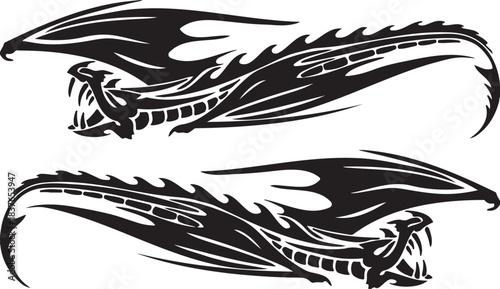 Black ink sketch design of tribal wolf and dragon head tattoo vector illustration