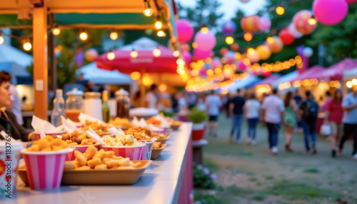 Festive Outdoor Fair with Colorful Decorations and Food Stalls