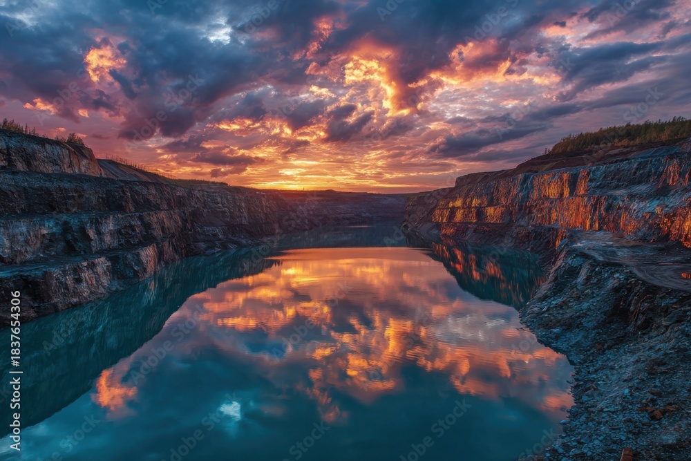 Fototapeta premium Open pit mine showcases vibrant sunset reflection over tranquil turquoise water in a remote mining area