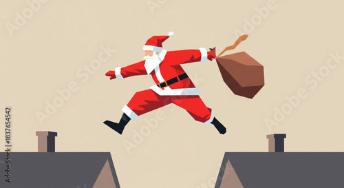 Santa Claus jumping over rooftops with a sack full of gifts during Christmas season