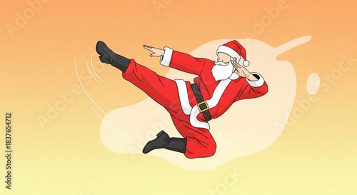 Christmas Santa Claus Doing a Dynamic Martial Arts Kick Pose Against a Yellow-Orange Gradient Background
