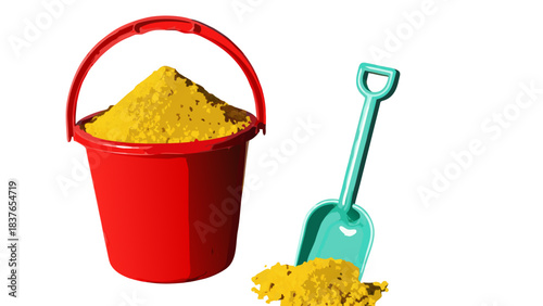 Red Plastic Bucket Filled With Sand And A Teal Toy Shovel Nearby On A Black Background Illustrating Beach Play And Summer Activities
