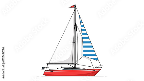 Red Sailboat with White and Blue Striped Sails on a Calm Sea Under a Clear Sky
