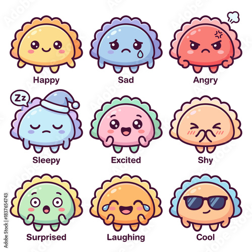 Cute cartoon vector dumpling characters illustrating various human emotions and states.