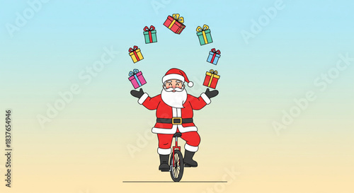 Santa Claus skillfully juggles gifts while riding a unicycle, celebrating the spirit of Christmas with joy and festive cheer