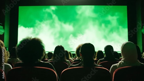 Movie Theater Audience Watching Green Screen Film.