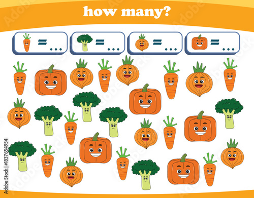 Counting game of fruits for preschool kids. Printable. Vector Illustration