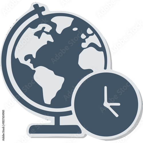 Stylized Globe And Clock Icons Representing Global Time And Travel Concepts In A Clean Blue And White Palette With A Simple Flat Design Aesthetic