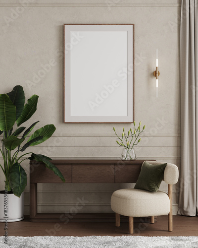 Vertical wooden frame mockup on plaster wall background wooden console, and chair, 3d rendering