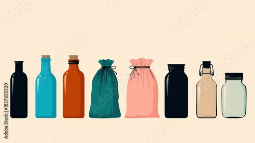 A collection of various bottles and bags in different colors, showcasing diverse container types against a light background.