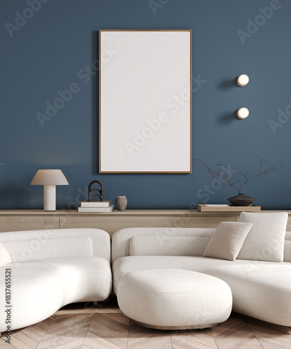 Big frame poster mockup in dark blue living room with white sofa, 3d render