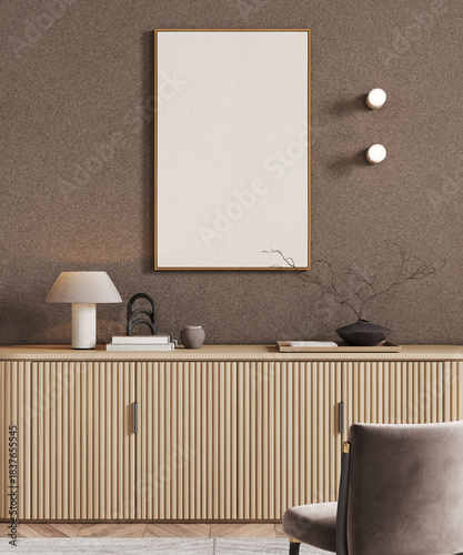 Vertical wooden frame mockup on brown  wall background and wooden console, 3d rendering