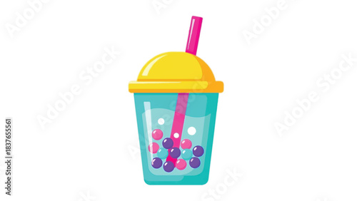 Refreshing bubble tea drink with colorful tapioca pearls and straw.